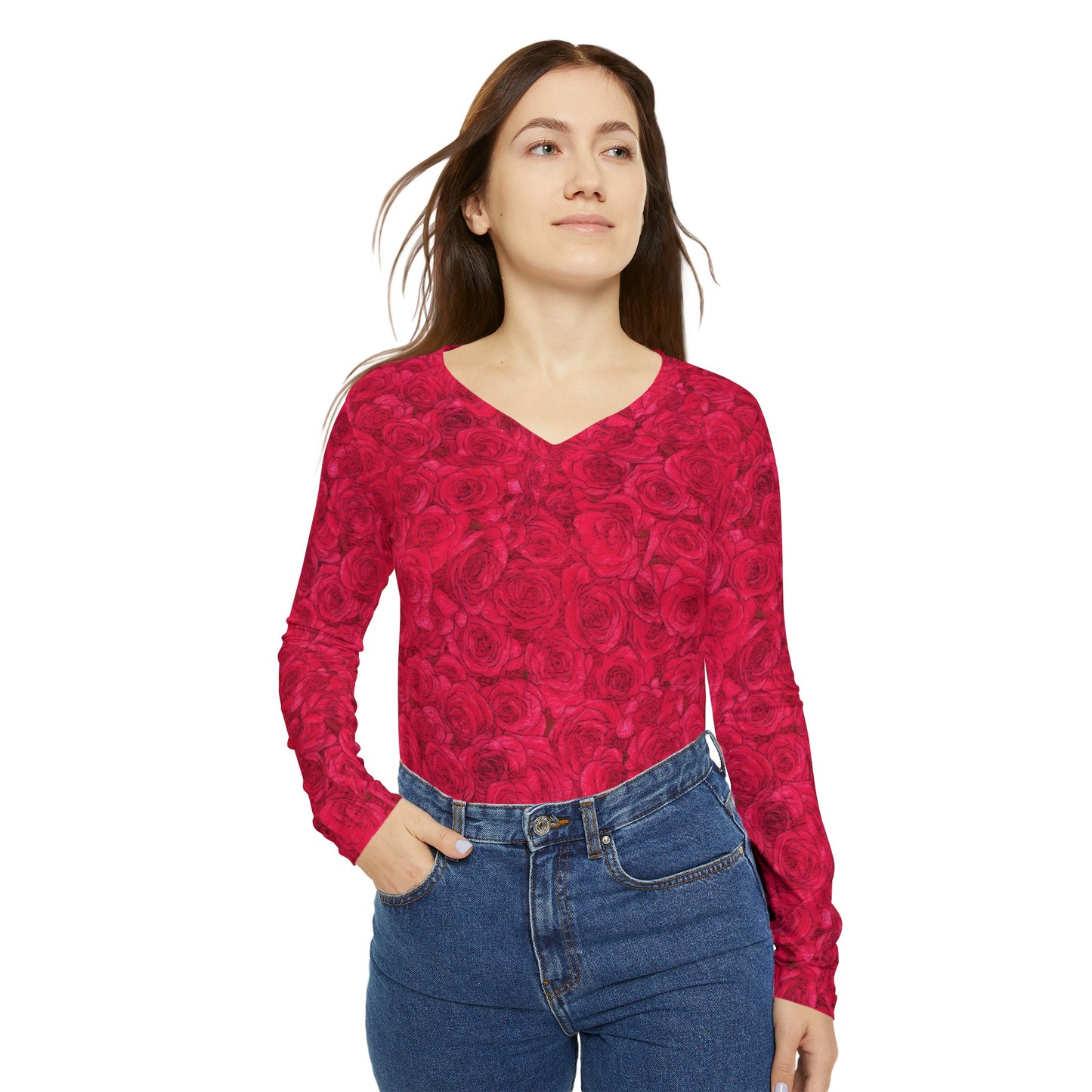 Rose Women's Long Sleeve V-neck Shirt (AOP)