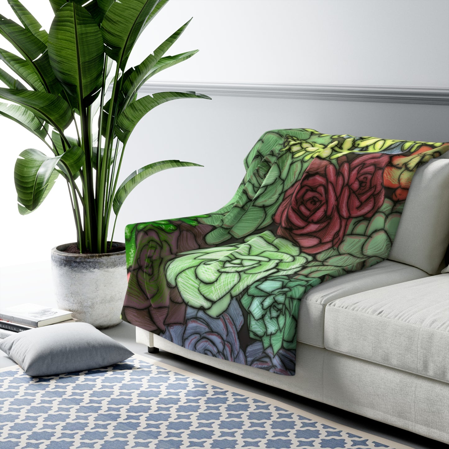 Succulent Illustration Sherpa Fleece Blanket Plant Lover Colorful Throw