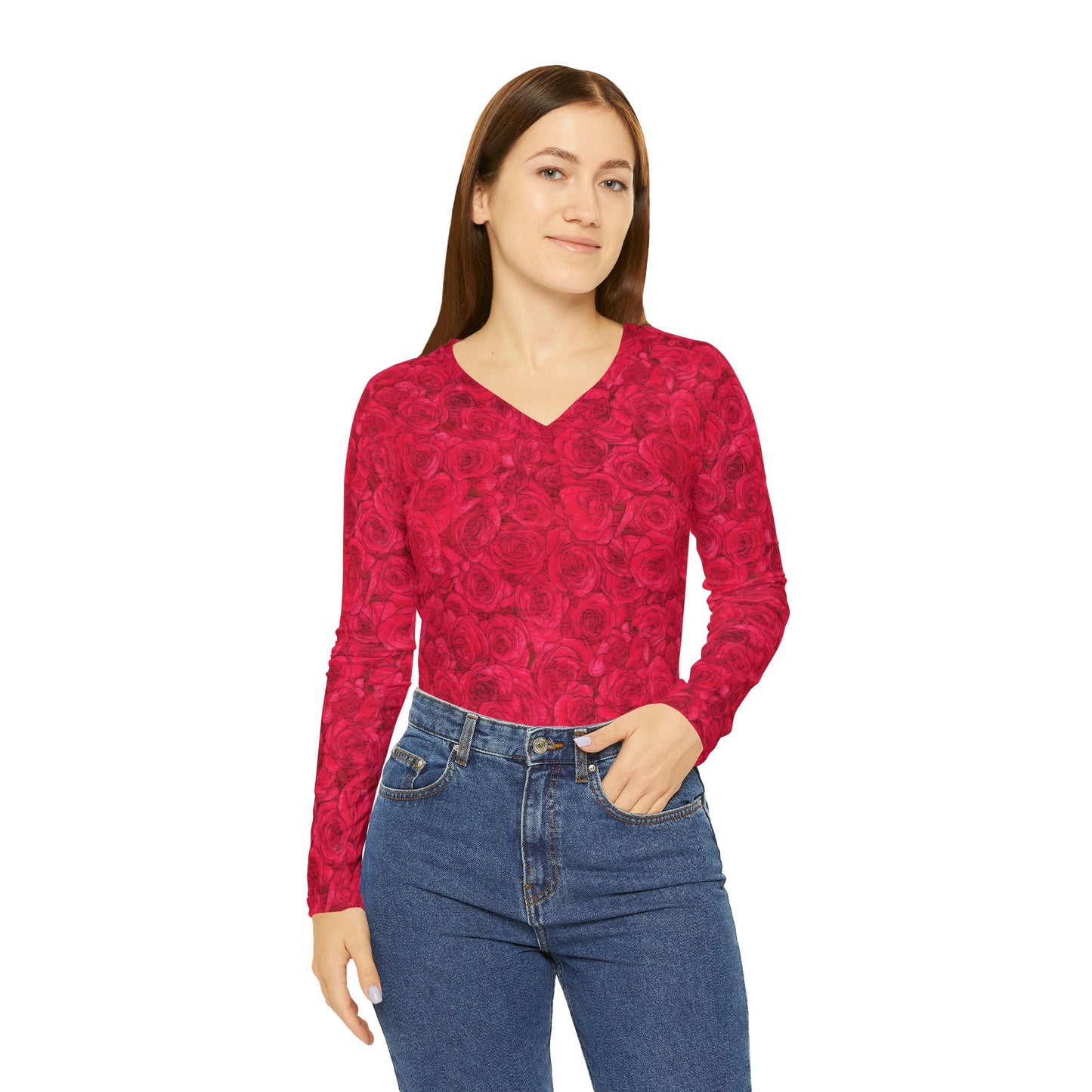 Rose Women's Long Sleeve V-neck Shirt (AOP)