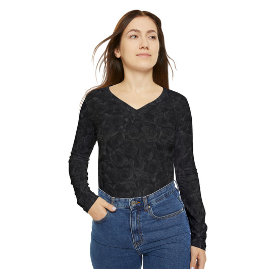 Black Rose Women's Long Sleeve V-neck Shirt (AOP)