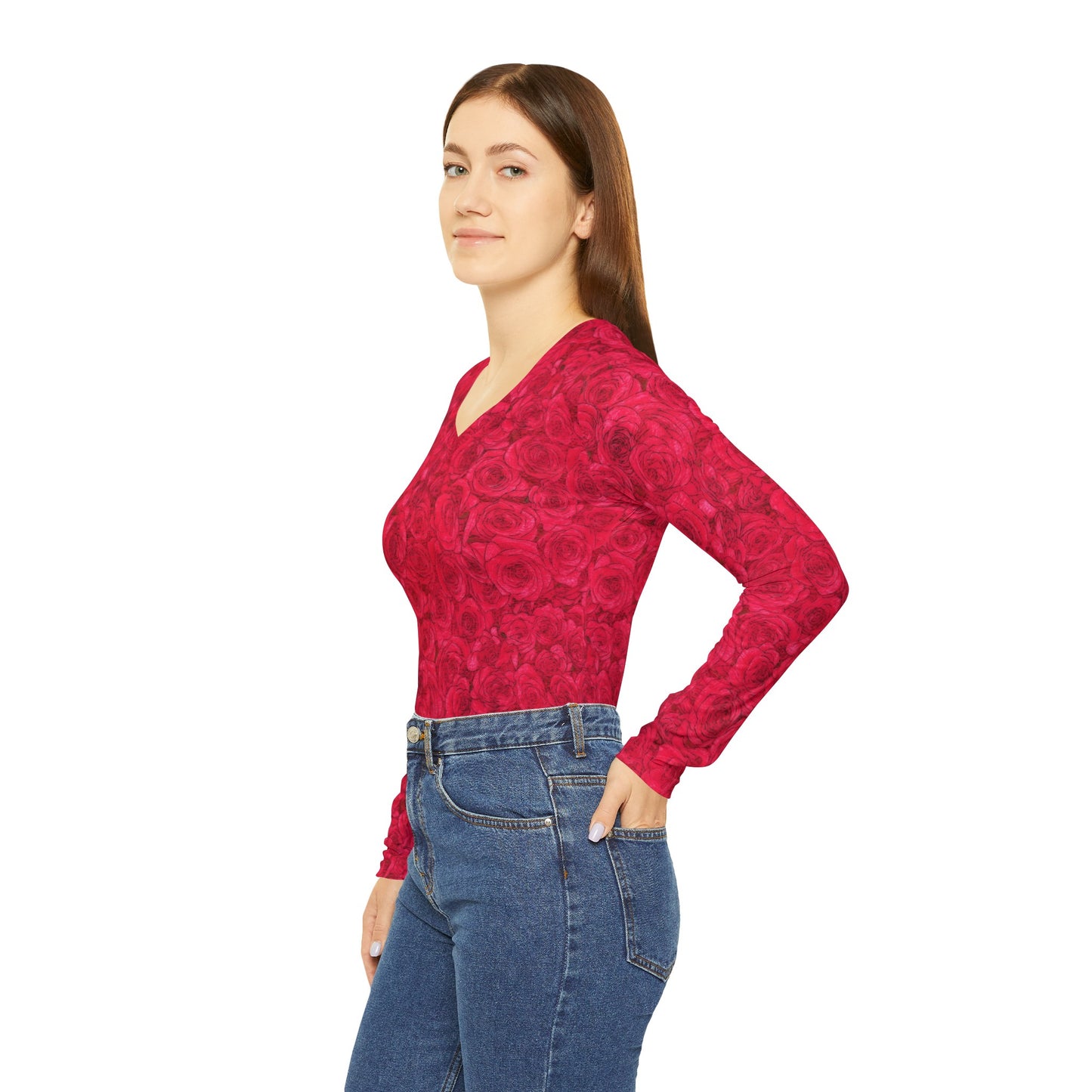 Rose Women's Long Sleeve V-neck Shirt (AOP)