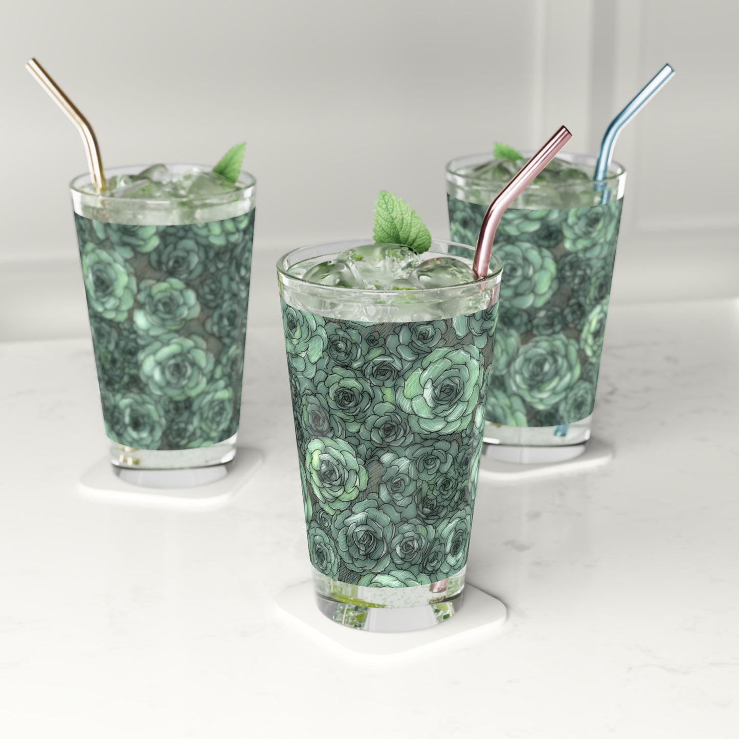 Succulent Pattern Pint Glass, 16oz