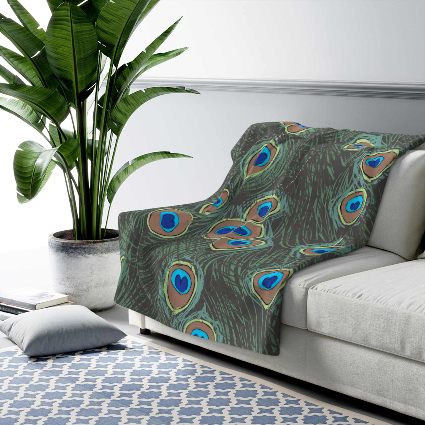 Peacock Feather Sherpa Fleece Blanket Plant Lover Colorful Throw