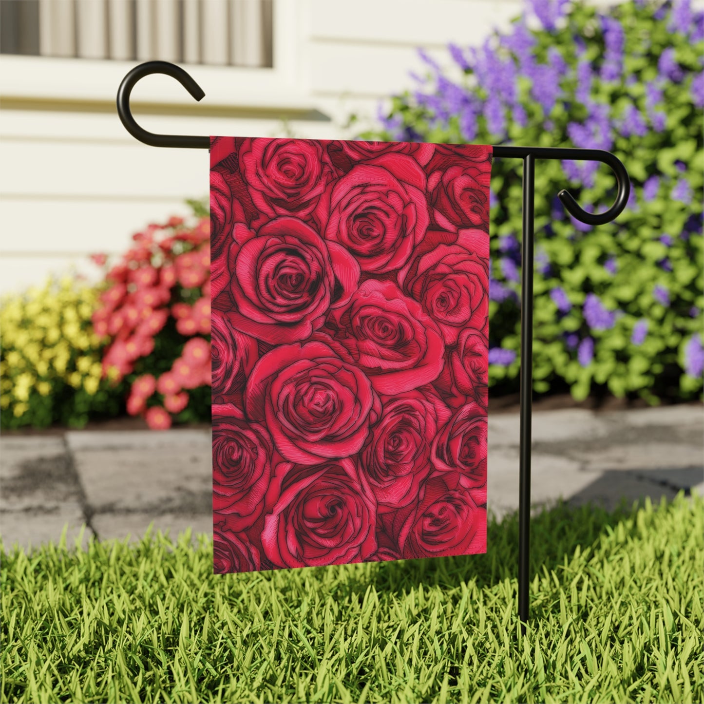 Rose Garden & House Banner Anniversary Gardening Floral Pattern Botanical Lawn Decoration