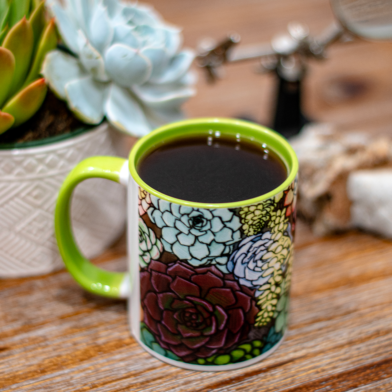 Succulent Illustration - White 11oz Ceramic Mug with Color Inside