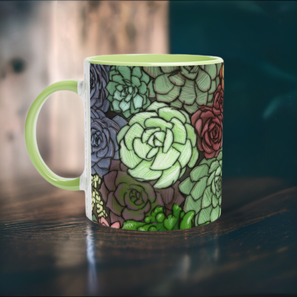 Succulent Illustration - White 11oz Ceramic Mug with Color Inside