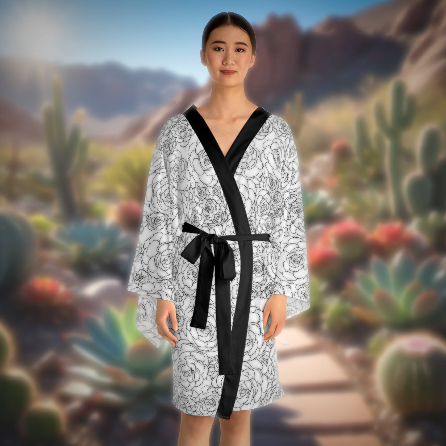 White Succulent Long Sleeve Kimono Robe (AOP)