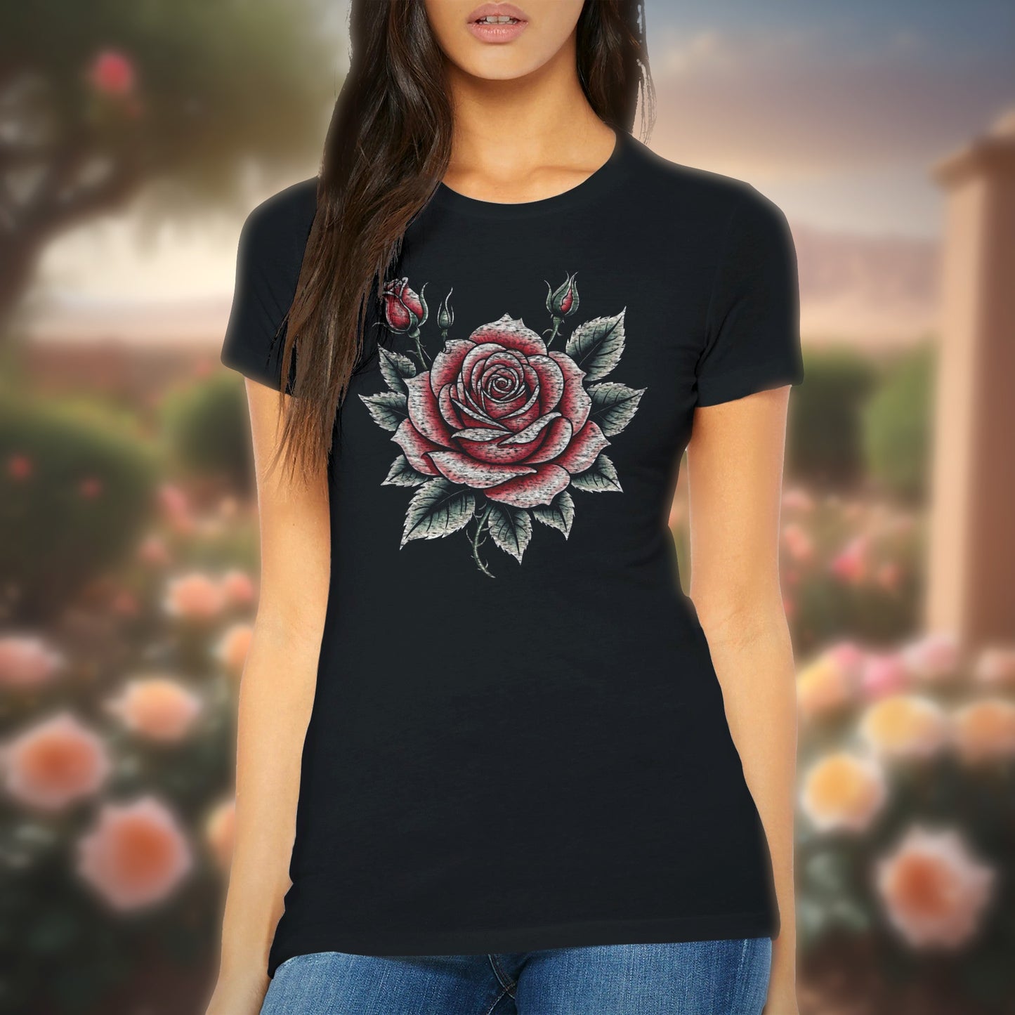 Rose American Traditional Premium Womens Crewneck T-shirt | Bella + Canvas 6004 Black | Botanical Illustration