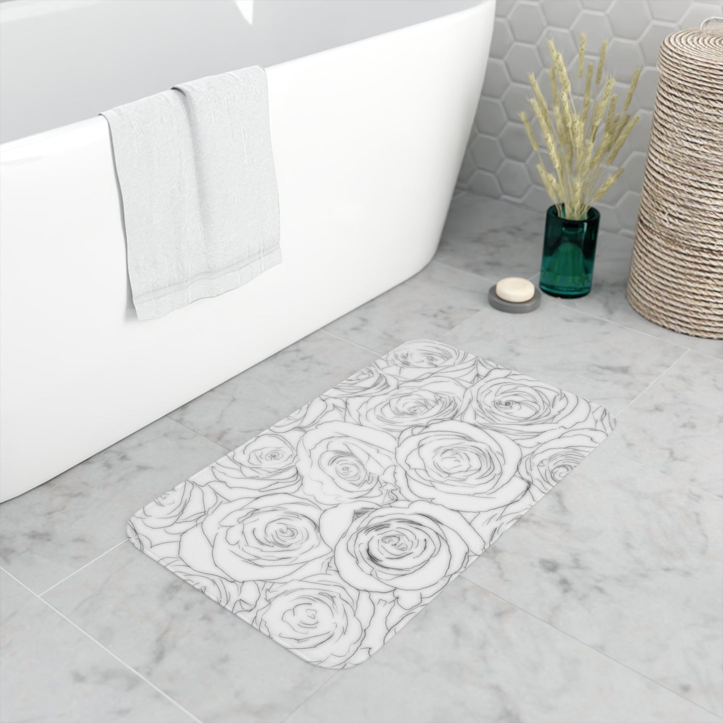 White Rose Memory Foam Bath Mat Valentines Day Flower Lover Gift for Her White Kitchen Throw Mat