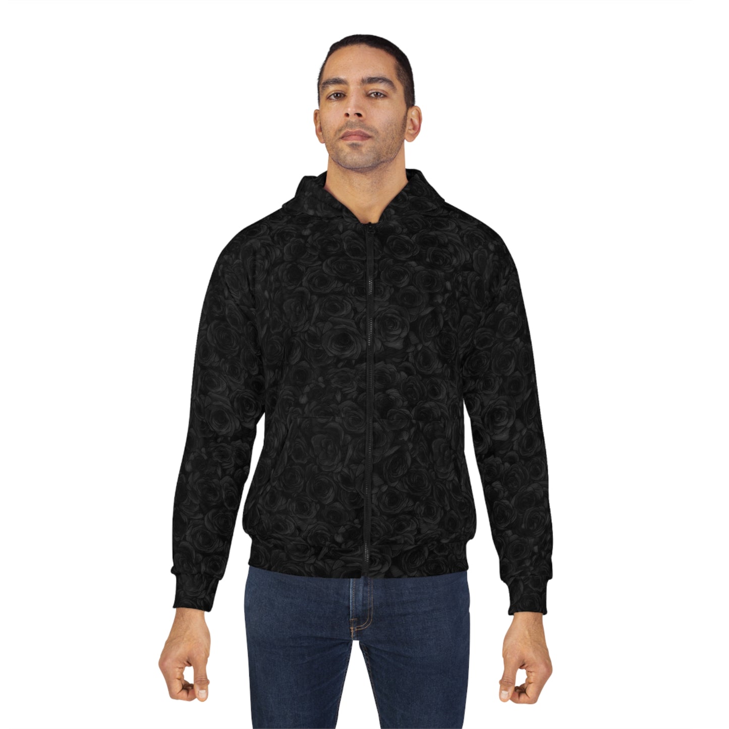 Black Rose Pattern Unisex Zip Hoodie (AOP)