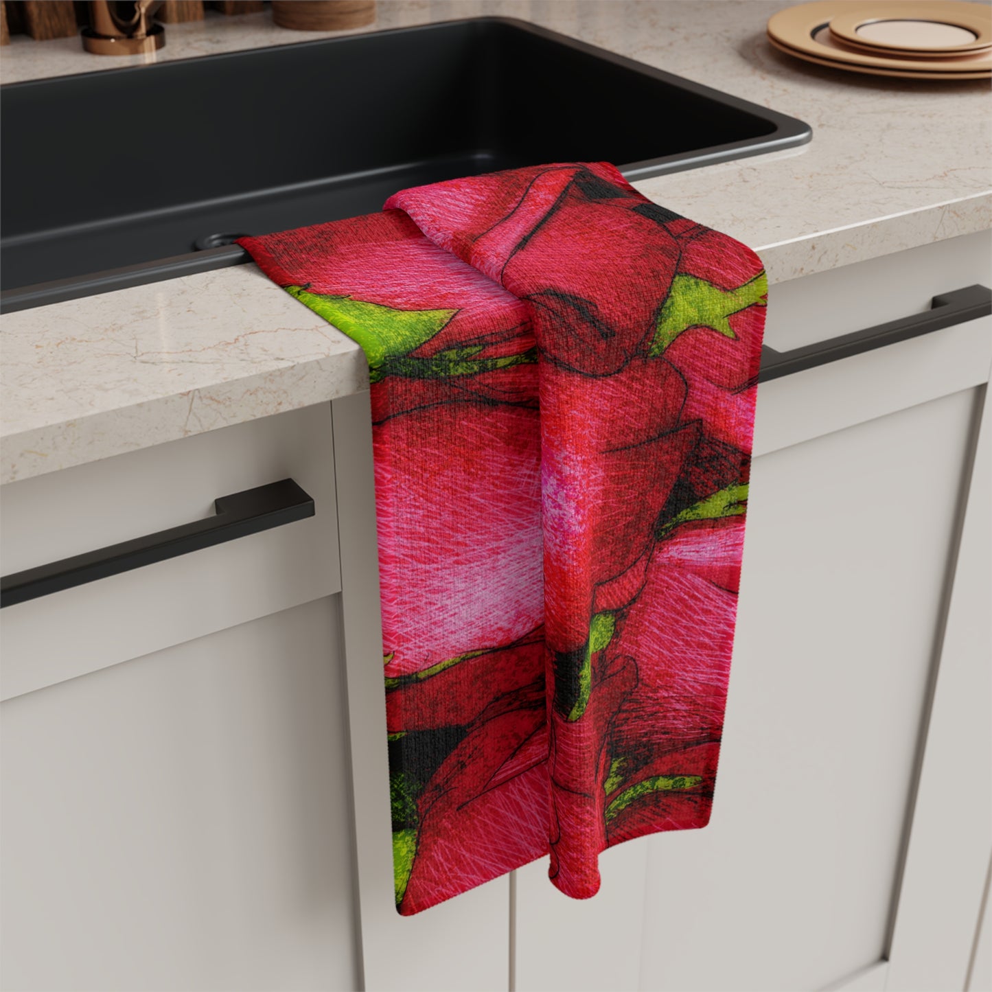Rose Side Towel Valentines Day Gift Idea for Her Red Rose Microfiber Tea Towel