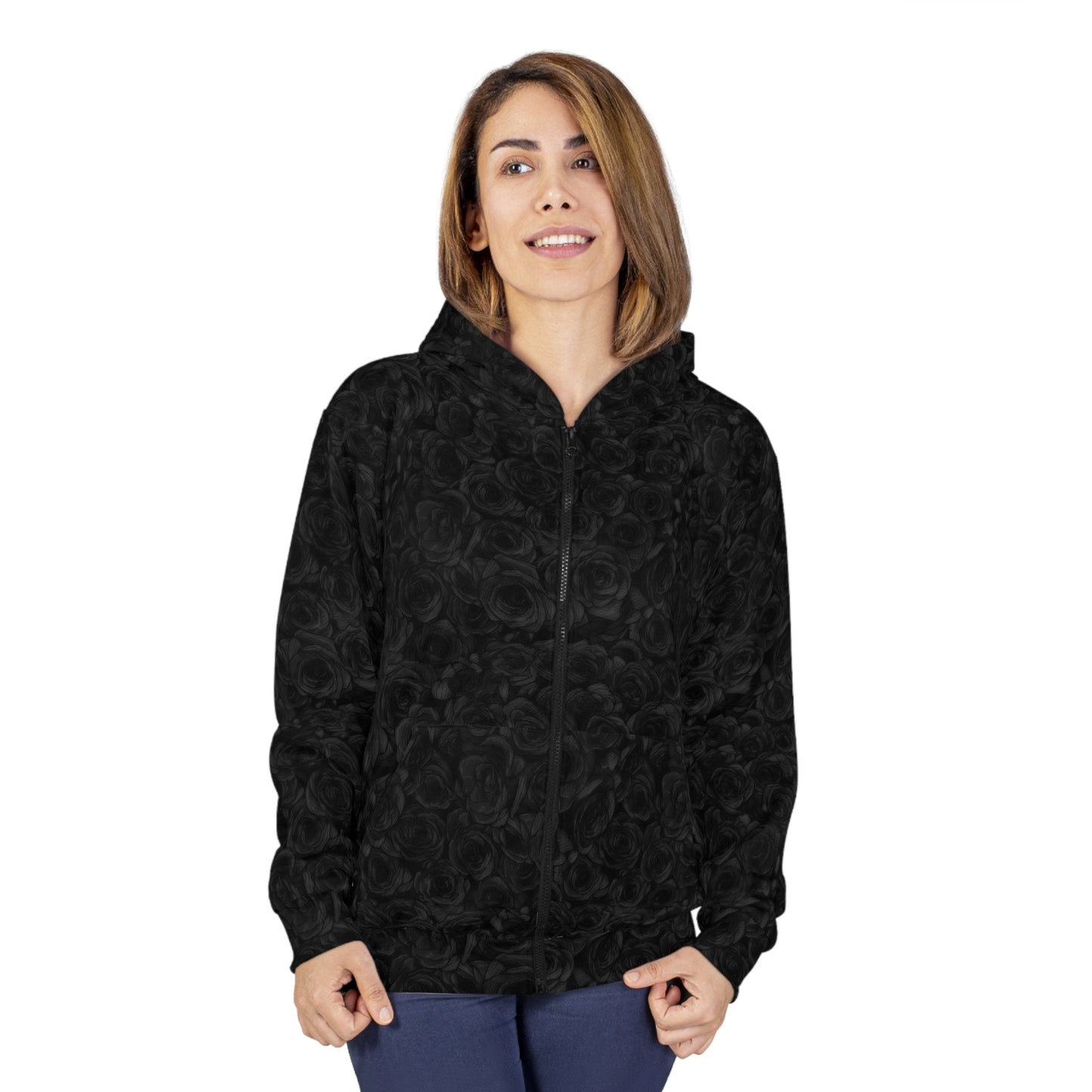 Black Rose Pattern Unisex Zip Hoodie (AOP)