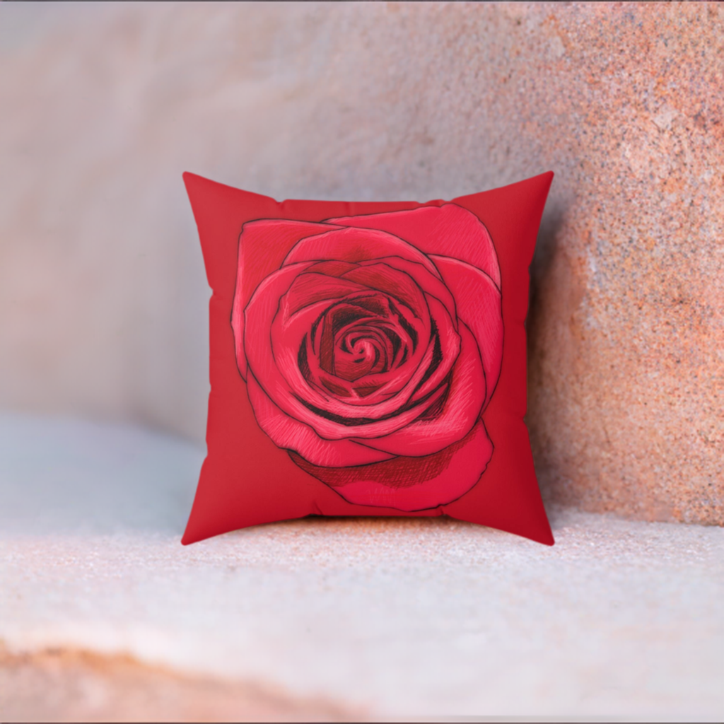 Rose Pillow Valentine's Day Gift for Her Cute Rose Decor Red Spun Polyester Square Pillow