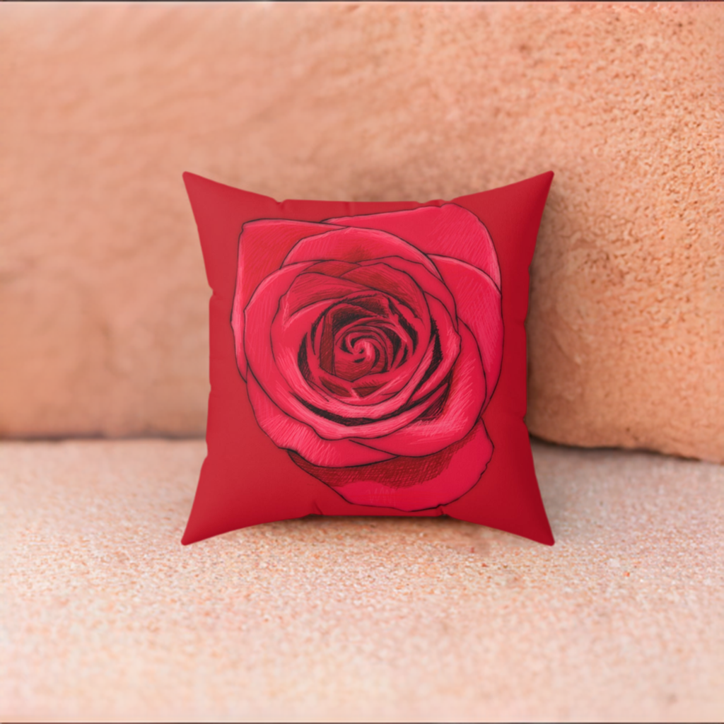 Rose Pillow Valentine's Day Gift for Her Cute Rose Decor Red Spun Polyester Square Pillow