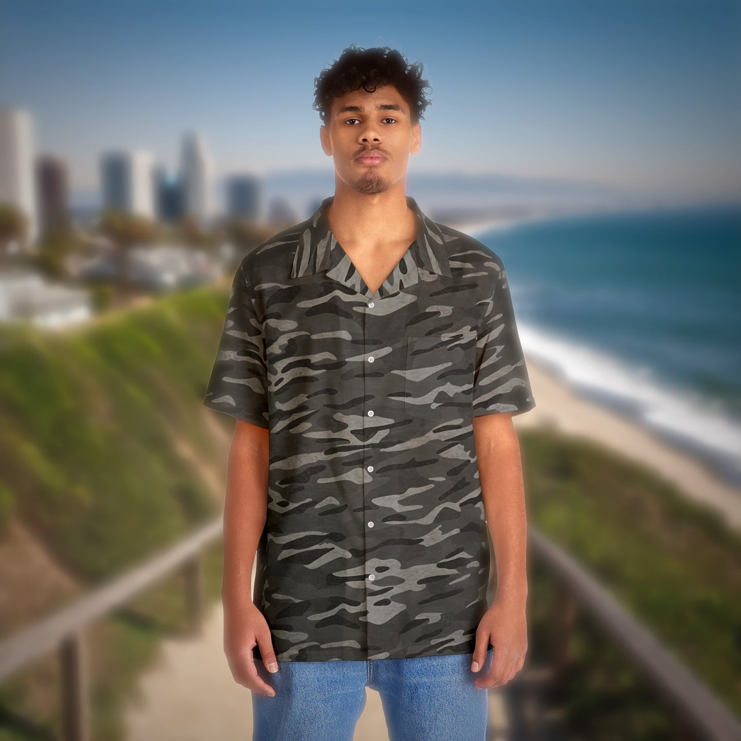 Stripe Camo Dark Grey Men's Hawaiian Shirt