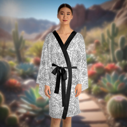 White Succulent Long Sleeve Kimono Robe (AOP)